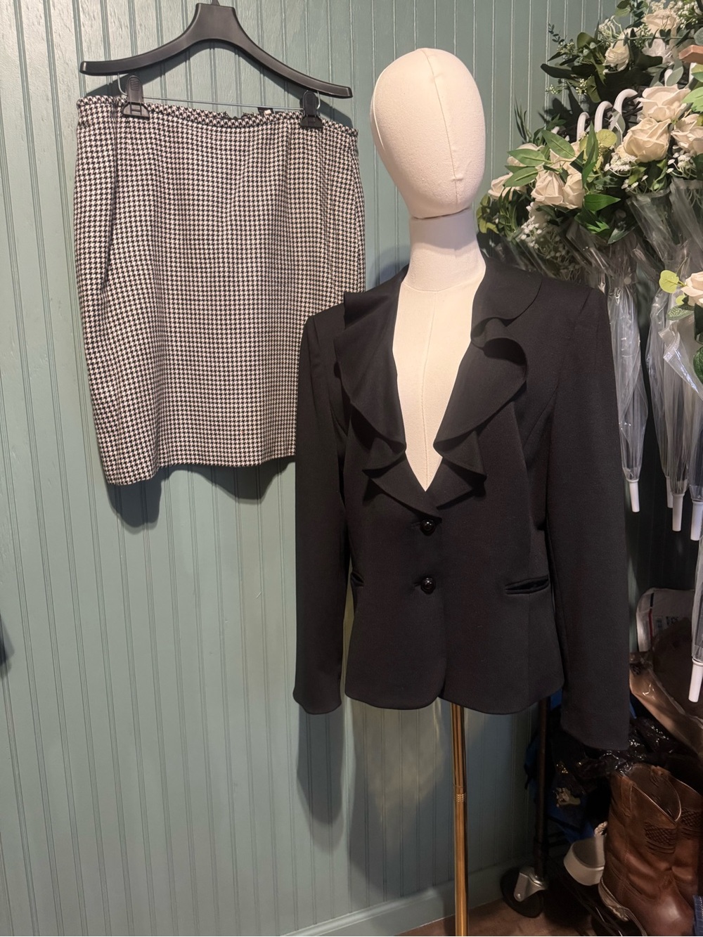 Tahari Black Ruffle Lapel Blazer with Houndstooth Skirt